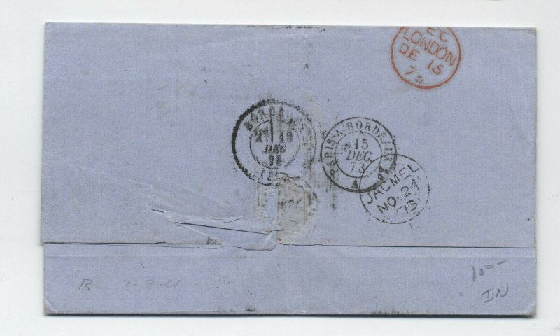 1873 Haiti to Bordeaux transatlantic stampless Jacmel postmark [H.557]