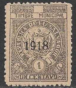 EL SALVADOR 1918 1c ARMS Municipal Revenue Ross M209 MNGAI