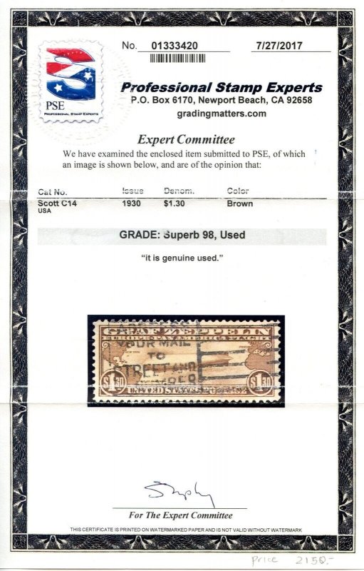 US SCOTT #C14 USED-SUPERB GRADED 98 W/ PSE CERT SMQ $2,000