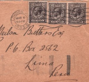 GB KGV Air Mail Cover 9d Agate{3} Destination PERU 1933 Lima SG.392 MA97