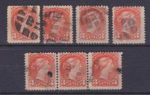 Canada Sc 37 used 1873 3c QV, 4 diff w/ Fancy Cancels + Strip of 3