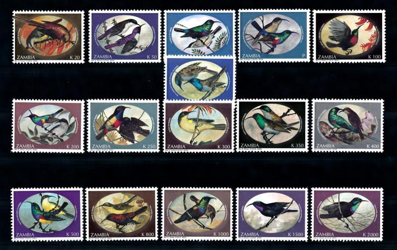 [92051] Zambia 1994 Birds Vögel Oiseaux 16 Values K1000 with Short Corner MNH