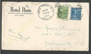 1939 COVER HOTEL PARIS NYC W/PREXIES 1c & 5c PAYS AIRMAIL 6c RATE W/3 SEE INFO