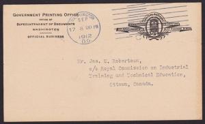 USA 1912 GOVT PRINTING OFFICE Penalty postcard used Washington to Canada....2877