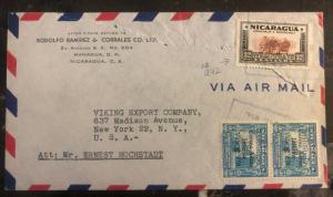 1943 Managua Nicaragua Airmail Commercial Cover To New York USA Overprinted Stam