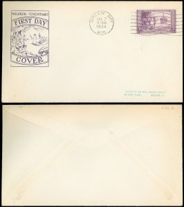 JUL 7, 1934 GREEN BAY WISCONSIN TERCENTENARY, ROESSLER Cachet, SC #739 ROE-1 FDC