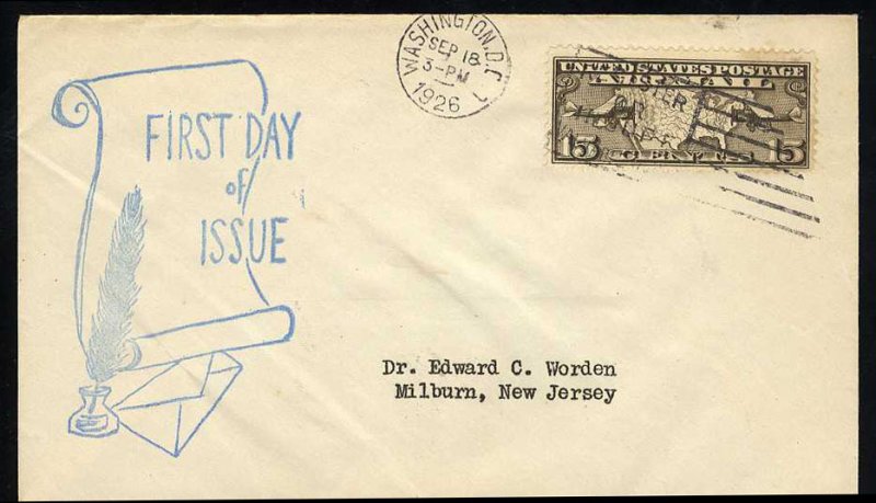 United States First Day Covers #C8-2, 1926 15c Map, Worden cachet, DC cancel,...