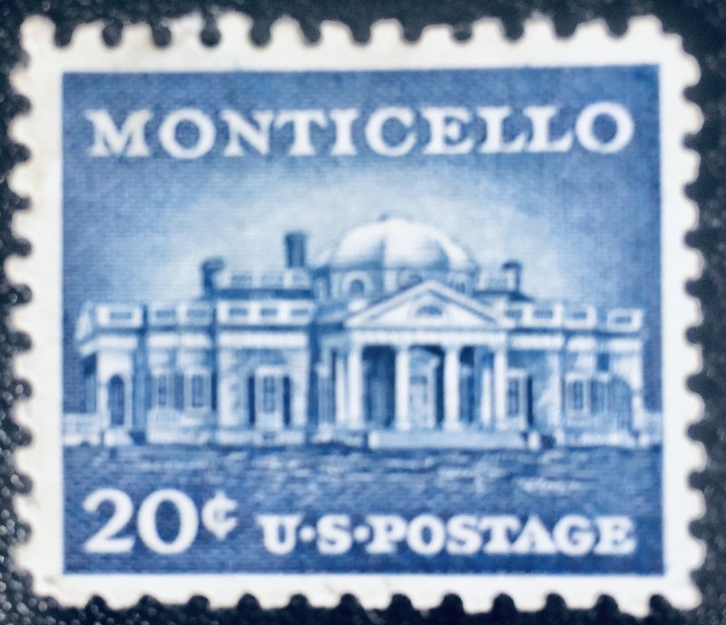 United States #1047 20¢ Monticello (1956).  Unused.  Gum missing in one corner.