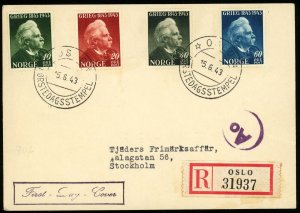 Norway #255-258 Edvard Grieg FDC 1943 First Day Issue Registered Cover WWII