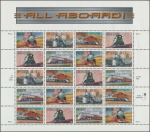 US 3333-3337 3337a All Aboard 33c sheet P4444 (20 stamps) MNH 1999