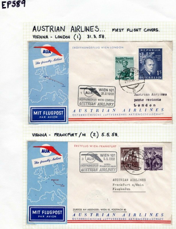 AUSTRIA FIRST FIGHT COVERS{2}Vienna London/Frankfurt AUSTRIAN AIRLINE 1958 EP589