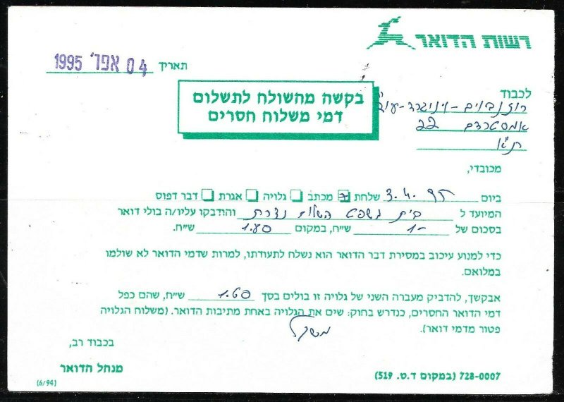 Israel 1995 Flowers Stamps Missing Postal Shipping Costs Certificate