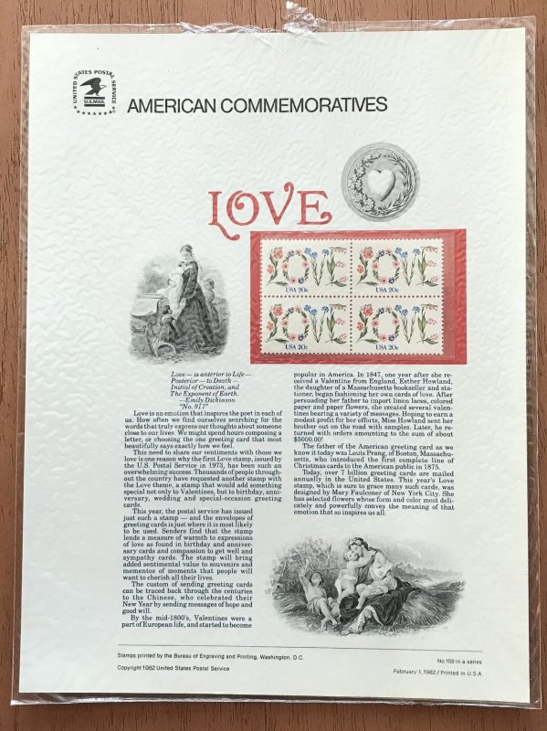 US CP158 Commemorative Panel Block of 4 #1951 Love SCV $10.00 L34