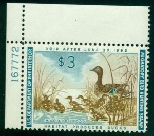 US #RW28 $3.00 Mallards, og, NH, Plate No. single, XF