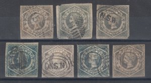 New South Wales SG 89/96 used. 1854 6p QV, 7 colors per SG, small faults