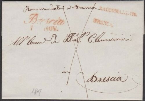 ITALY 1847 fine entire Registered ex BRESCIA - Registered & paid in red.....W657 