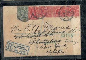 EAST AFRICA & UGANDA COVER (PP0806B) 1909  KE 6CX4+3C REG NAIROBI TO USA 