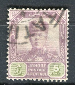 MALAYA; JOHORE early 1900s Sultan issue fine used 5c. value + POSTMARK