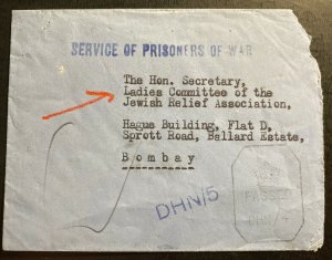 1940s Dehra Dun India POW Prisoner Of War Camp Cover to Jews Relief Com Bombay