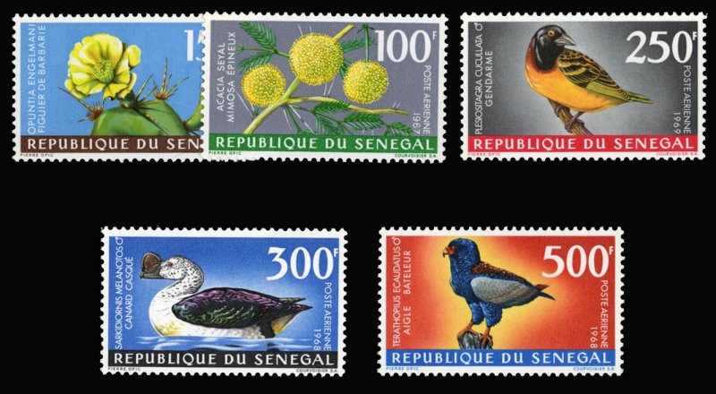 Senegal #C53-57 Cat$46, 1967-69 Flowers and Birds, set of five, never hinged