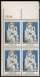 1985 Madonna Della Robbia Plate Block Of 4 22c Postage Stamps, Sc#2165, MNH, OG