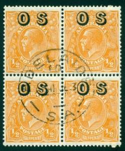 Australia Scott #O6 Used BLOCK 1/2p Orange OVPT OS CDS CV$24+