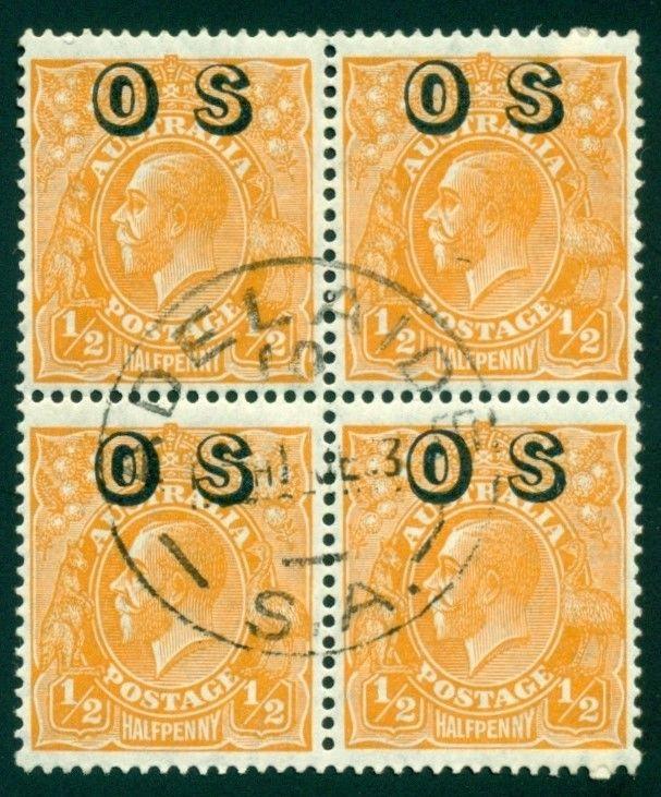 Australia Scott #O6 Used BLOCK 1/2p Orange OVPT OS CDS CV$24+