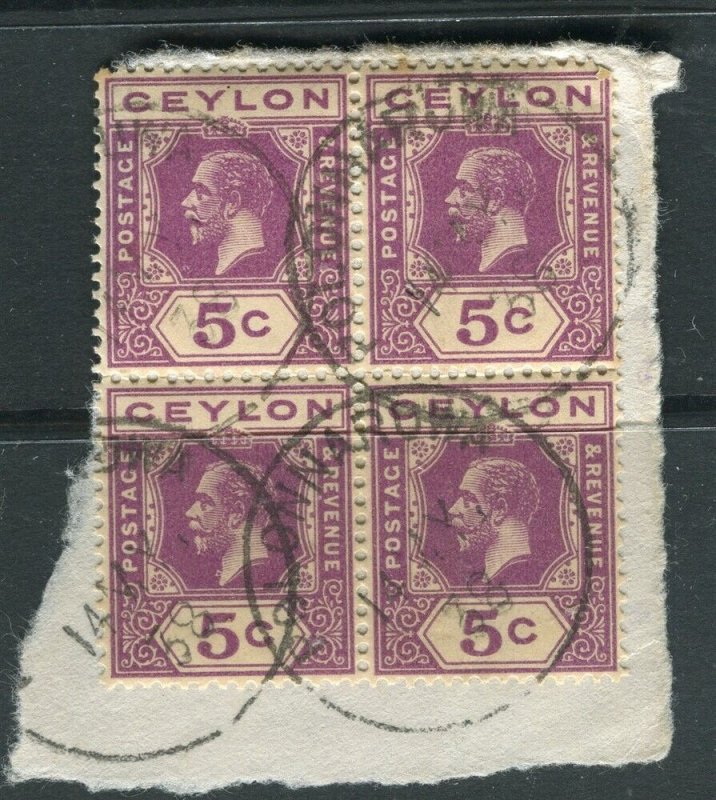 CEYLON; 1930s early GV Portrait issue fair POSTMARK PIECE Block of 4