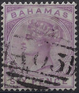 Bahamas 1890 QV 6d Mauve, sg 54/Sc30, wmk CA, p. 14, Used, VF, CV £40    (a1172