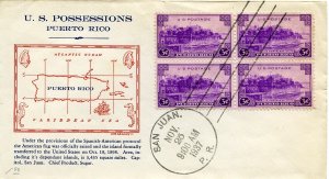 United States First Day Covers #801, 1935 3c Puerto Rico, block of four, W.M....