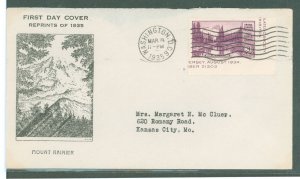 US 770a 1935 Official FDC 3/15 Cancel States 3/8, Mt. Rainier Imperf Single Cut From Farley Souv. Panes on an addressed (typed)