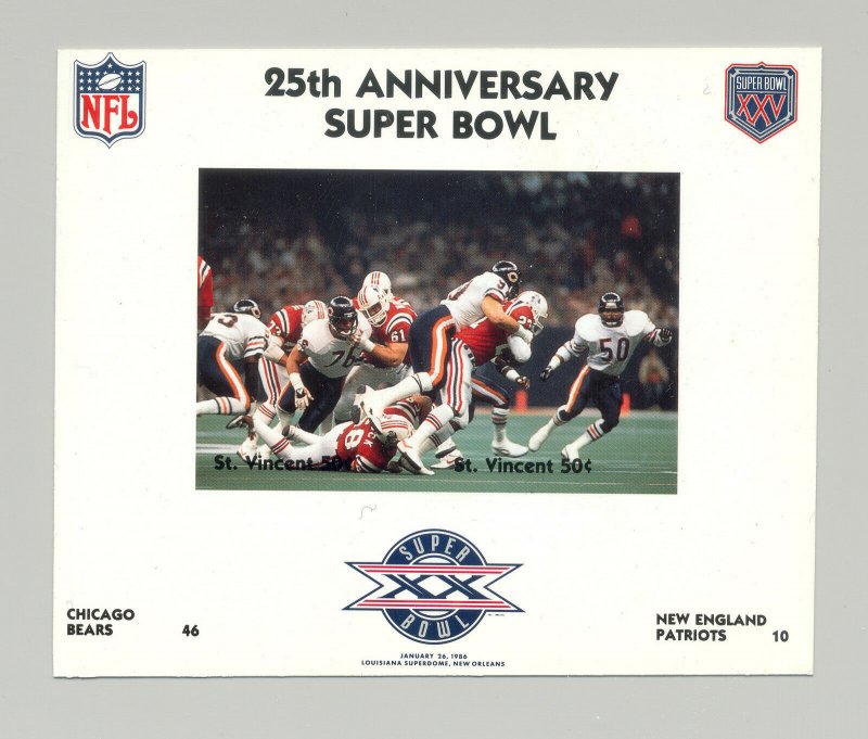 St Vincent #1419 Football Super Bowl XX 1v M/S of 2 Imperf Chromalin Proof