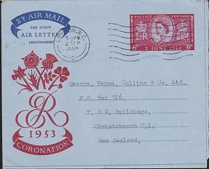 GB 1953 Coronation 6d aerogramme commercially used to New Zealand..........B3190