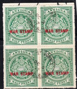 ANTIGUA # SG 53 used Block on piece - Dull Green 1917 - War Tax