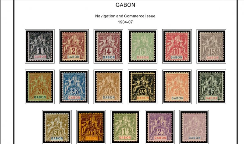 COLOR PRINTED GABON 1886-1933  STAMP ALBUM PAGES (14 illustrated pages)
