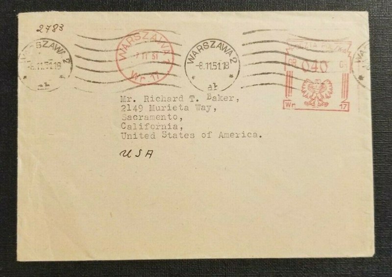 1951 Europe Letter Cover Warsaw Poland to Sacramento California