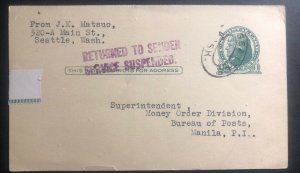 1941 Seattle USA Postcard Cover To Manila Philippines Returned Service Suspended