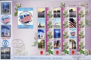 ISRAEL 2011 10th ANNIVERSARY 9/11 NY SITES II ON ROSES PERSONALIZED SHEET FDC