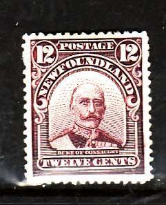 Newfoundland-Sc#113-unused hinged og 12c plum Duke of Connaught-1911--