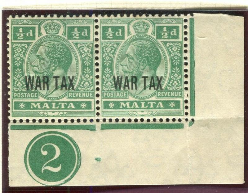 MALTA; 1917-18 early WAR TAX Optd. issue fine Mint hinged 1/2d. Control Pair