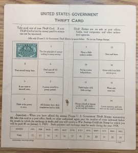 US WS1 Thrift Savings Stamp (Mounted in Card) 1917 SCV $7.50
