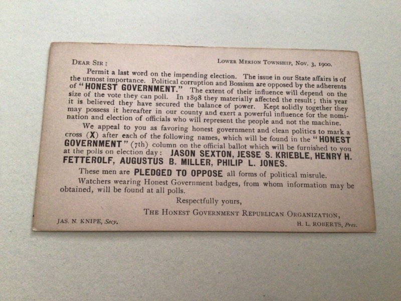 U. S. The Honest Government Republican Organization 1900 postal card 67096