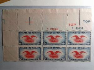 SCOTT # C 23 AIRMAIL PLATE BLOCK OF 6 MNH 2 HEAVY GUIDELINES 2 TOPS 2 NUMBERS