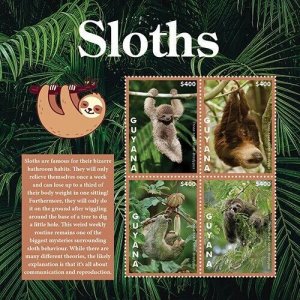 Guyana 2020 - Sloths - Animals - Sheet of 4 Stamps - Scott #4624 - MNH