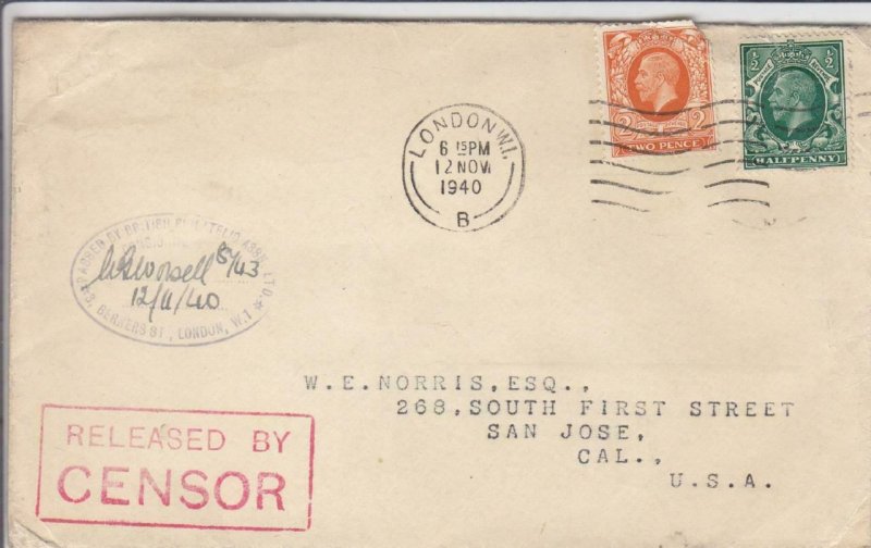 1940, Rutherfield, England to San Jose, CA, Censored, See Remark (C3547)