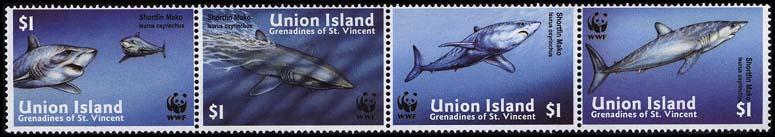 Union Island WWF Shortfin Mako Strip of 4v SC#254 a-d MI#269-272