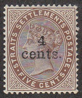 Straits Settlements 4c on 5c Brown (Scott #90) MH