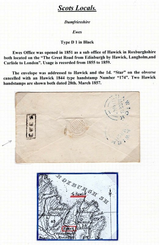 GB SCOTLAND Cover Rare *EWES* Scots Local Handstamp Dumfries 1d Red 1857 EP455 