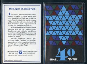 ISRAEL 1988 OFFICIAL ANNE FRANK COMMEMORATIVE DESCRIPTIVE FOLDER W/BLOCK MINT NH