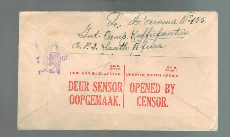 1943 South Africa Koffiefontein Prisoner of War Internment Camp Cover POW Italy